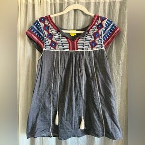 Roller Rabbit Charcoal Gray Blouse with Red White Blue Embroidery size small